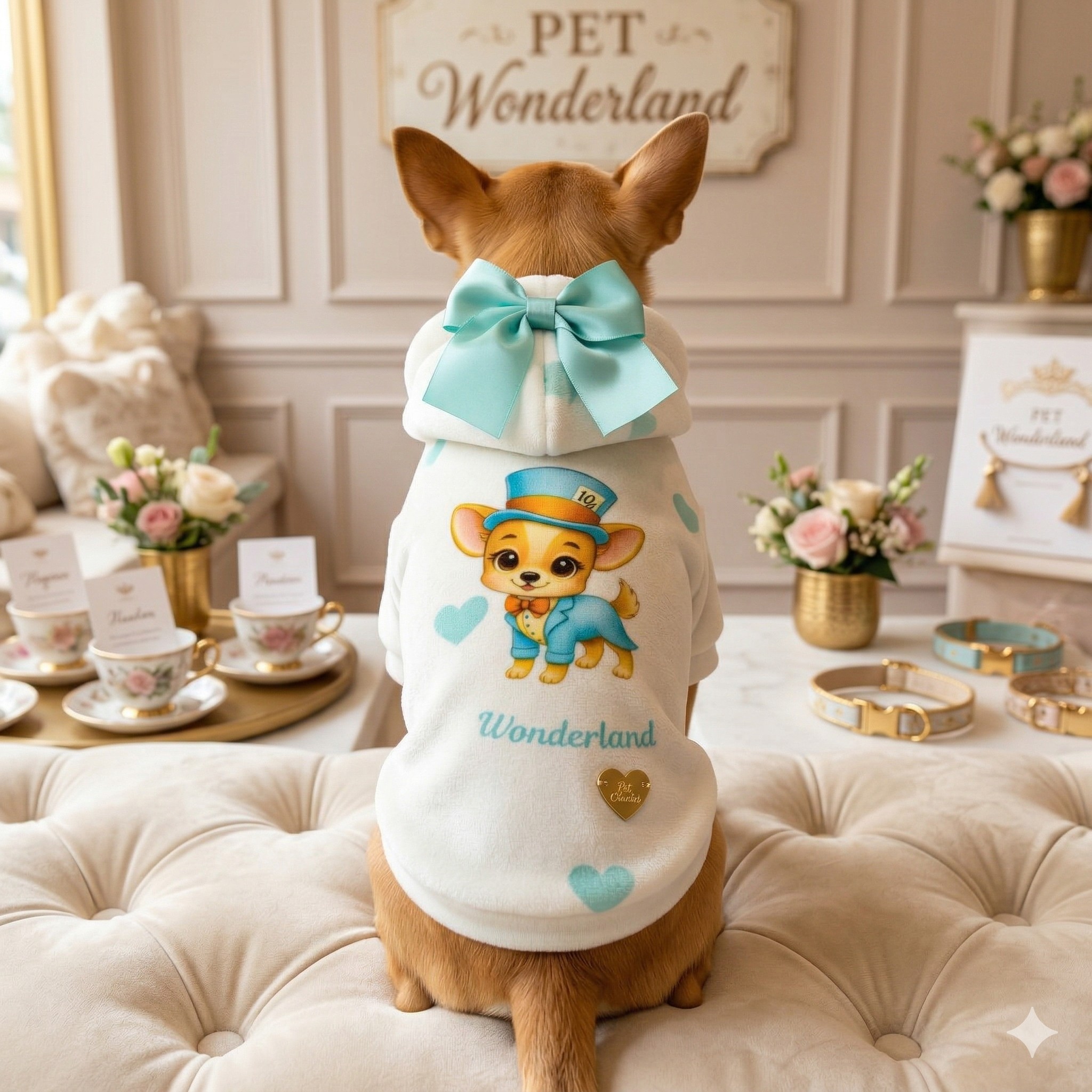 Mad Hatter Tiffany Sweatshirt - Ciniglia Vellutata con Rouche Pizzo e Fiocco Cuoricino